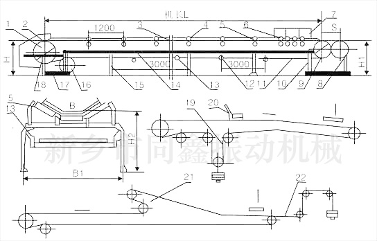 TD75型通用固定皮帶輸送機(jī)外形尺寸圖表：同鑫振動機(jī)械